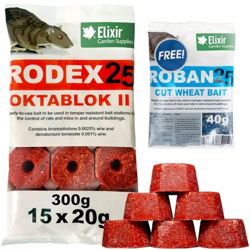 Elixir Gardens Rodex25 Oktablok Rat & Mouse Poison Poisoning/Killer | Strongest Publicly Available | Free Roban 40g with Each Oktablok Pack | 1 Pack