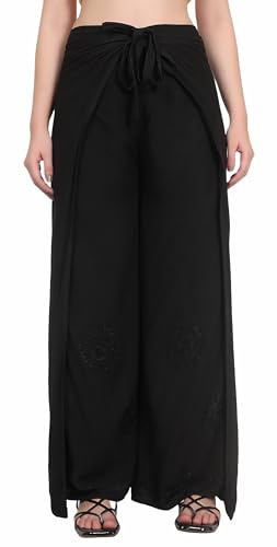 Whitewhale Womens Split Wide Leg Long Embroidered Rayon Wrap Palazzo Pant Black