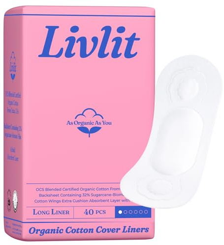 Livlit Ultra Thin Panty Liners Sanitary Pads, 100% Certified Organic Cotton from Texas, Light Absorbency, Chlorine Free, Unscented, Hypoallergenic Panty Liners for Women (40 Count)