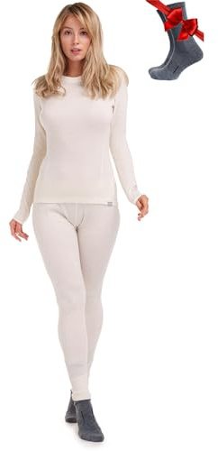 100% Merino Wool Base Layer Womens Set - Thermal Underwear Womens + Socks | All Season Merino Wool Top & Bottom, Odor-Resistant, Moisture-Wicking, Breathable, Itch-Free, for Hiking, Skiing, Travel
