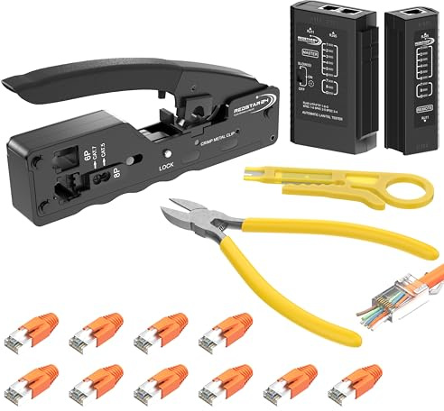 Redstar24 Netzwerk Werkzeug SET Crimpzange RJ45 Stecker Cat7 / Pass Through/Lan Netzwerktester/Seitenschneider/Abisolierer/Crimpstecker/Netzwerkkabel Reparaturwerkzeug/Netzwerkstecker 10x