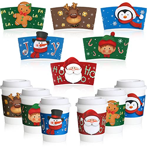 Faccito Fundas de Taza de Té Café de Navidad Cubierta de Vaso Desechable de Papel Corrugado para Vaso de Papel de 12 oz y 16 oz Manga de Taza de Muñeco de Nieve Papá Noel para Bebida (72 Piezas)
