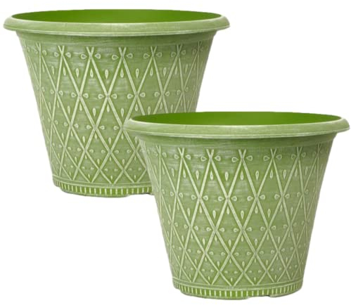 Fyne-Finds Set of 2 Round 30cm 12inch Garden Plant Pot Moss Green Outdoor Planter Decorative Cover, Drainage Holes, Weather, Frost Proof