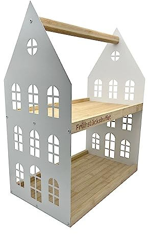 UNUS Home Présentoir buffet de petit-déjeuner, blanc, à 2 étages avec poignée, pour petit-déjeuner, fruits, saucisses et fromage, plateau en bois de bambou, structure en métal