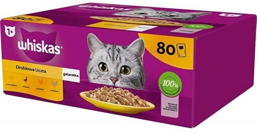 Whiskas Adult 1+ Katzennassfutter Geflügel Auswahl in Gelee, 80 Portionsbeutel, 80x85g Hochwertiges Katzenfutter nass, für ausgewachsene Katzen