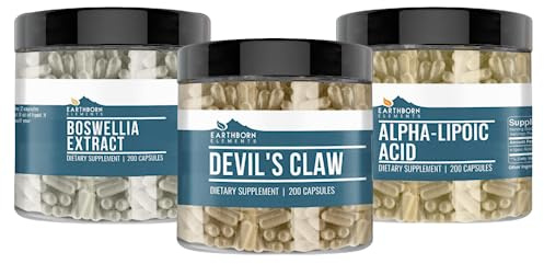 Earthborn Elements Devil's Claw Extract, Alpha-Lipoic Acid, & Boswellia Serrata Capsule Bundle (200 Capsules Each), Pure & Undiluted, No Additives