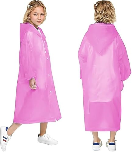Voarge Poncho de pluie pour enfants, enfants, filles, transparent et réutilisable avec capuche, pour festivals, poncho de pluie pour vélo, randonnée, cyclisme et voyage, rose, 92 cm