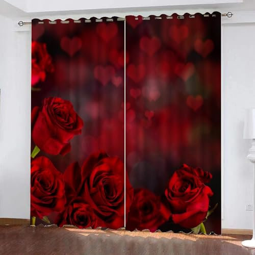 GIOVIA Rose Blackout Curtains 2 Panels 46 Wide x 72 Drop Room Darkening Polyester Fabric Eyelet Curtain 3D Red Flower Curtains Thermal Insulated Window Drapes for Living Room