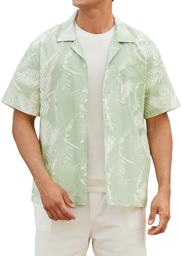 HISDERN Mens Hawaiian Shirts Casual Summer Short Sleeve Shirt Cuban Collar Palm Leaf Print for Beach Holiday Green 3XL