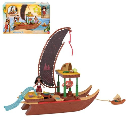 Mattel Disney Moana 2 Toys, Moana’s Adventure Canoe Playset with Floating Canoe, Moana Small Doll, 1 Character Friend, 6 Play Areas & 10 Accessories, JBT54