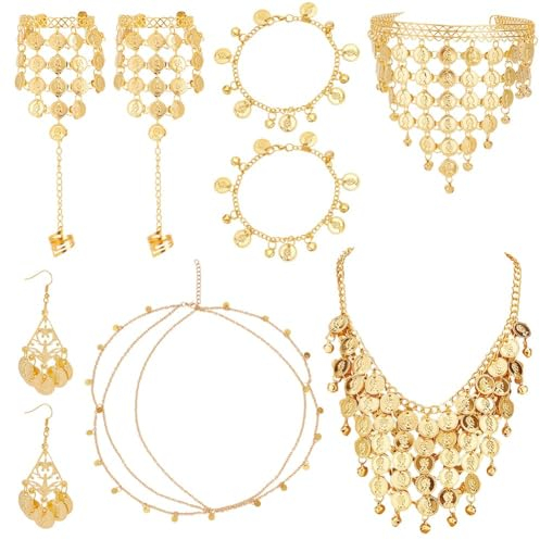 ANATTASOUL ANATTSOUL Ensemble de Bijoux de Danse Cloche pour Femmes Chaîne en Or Colliers Pompons Chaîne de Cheville Bague à Main Bracelet Costume pour Cosplay Fête de Danse Accessoires Style Indien