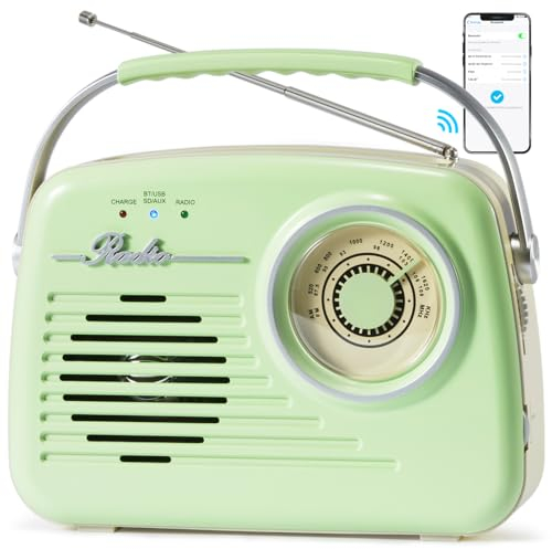 Radios Portable Am Fm, Kleine Retro Vintage Radio Bluetooth, AA-Batterie betriebene Radio oder Stecker in der Wand, Unterstützung SD-Karte AUX USB MP3-Player für Haus/Outdoor (Green)