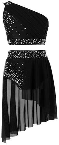 HULIJA Bambina Vestito da Ballo Latino Americano con Strass Senza Manica Crop Top Abito da Pattinaggio Leotards da Ginnastica Nero 9-10 Anni