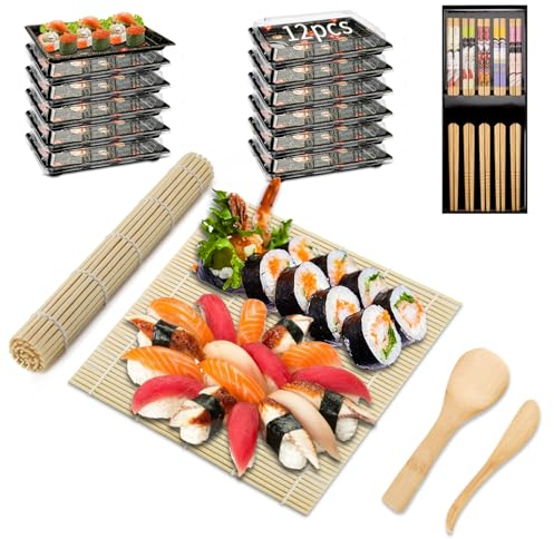 Mbsomnus 20 Stück Sushi Set- 12 Servierplatte mit Deckel Meal Prep Boxen Wiederverwendbare 1 Sushi Matte 5 Paar Essstäbchen 1 Reisstreuer und Paddel Food Container für Partyessen Buffets Nüsse Sushi
