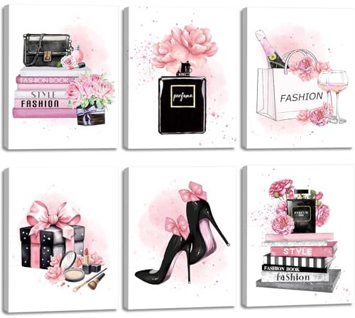 CHDITB 6pcs Makeup Canvas Wall Art, Fashion Woman Poster Picture, Girls Bedroom Wall Decor Paintings, Pink Flowers Perfume Art Print, Fashion Dress Room Decor, Girls Bedroom Accessories, 25*20cm
