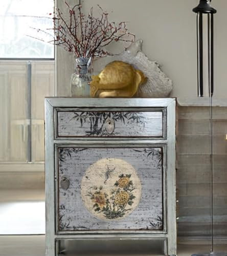 OPIUM OUTLET Chinese Bedside Cabinet Asian Bedside Table Small Night Cabinet Oriental Bedroom Chest of Drawers Console Shabby Chic Light Grey Fully Assembled