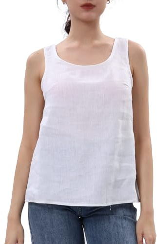 Amazhiyu Camiseta de tirantes de lino para mujer, blusa de verano sin mangas, cuello redondo, blusas básicas, blusas de lino, Blanco, L
