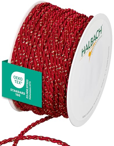 Halbach Seidenbänder Cordoncino bicolore di alta qualità, larghezza 4 mm, lunghezza 25 m, prodotto in Germania e certificato Öko-Tex, cordoncino in raso scintillante in acetato, colore: rosso/oro