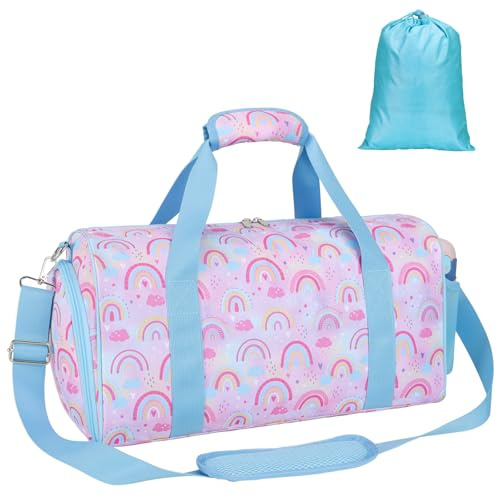 Bagseri Dance Bag for Girls - Kids Duffle with Shoe Compartment, Gymnastics Tote for Sleepover Travel with Water Resistant Wet Pocket (Light Purple Blue Rainbow)