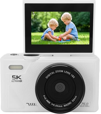 Fotocamera Digitale HD e 75 MP 5K 18x Zoom Digitale - Camera da Vlogging WiFi per Fotografia e Video, Autofocus, Schermo da 3 Pollici, 128 GB (non incluso), 1150MAH (BLACK) (WHITE)