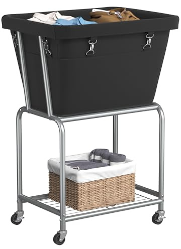 ELYKEN Rolling Laundry Hamper with Wheels, Laundry Cart with Removable Bag, Heavy Duty Metal Frame, 2-Tier Clothes Basket Hamper with Shelf for Closet, Bedroom, Bathroom, Laundry Room, Black