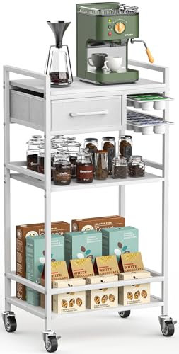 Housolution 4-Stufiger Mobiler Kaffeebar-Schrank mit Stauraum, Kaffeestation-Organisator mit 2 K-Tassen-Schubladen für Nespresso Vertuo, Kaffee-Barwagen für Haus, Küche, Wohnzimmer (Weiß + Grau)