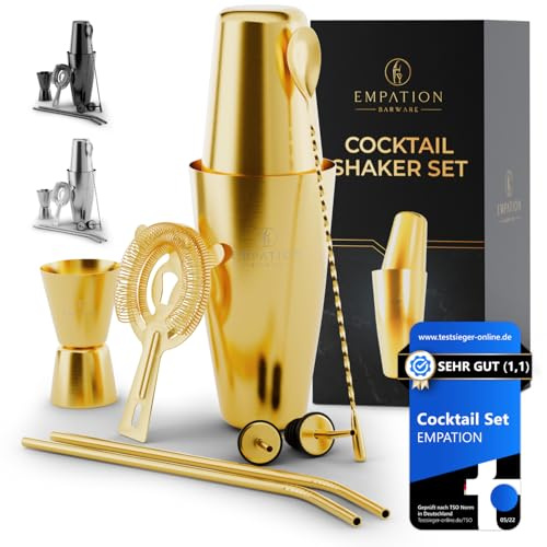 EMPATION Cocktail Shaker guld, 8-delat cocktailset – 825 ml rostfritt stål Boston Shaker, minimalistiskt cocktailtillverkningskit, barset för nybörjare och proffs, cocktailshaker-set perfekt som