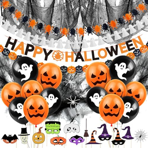 Cadimus Decoraciones de Halloween, Globos Decoración Set, Guirnalda de Banderines, Telaraña Negra, Accesorios para Fiesta de Halloween