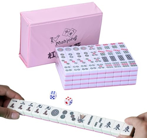 Generisch Traditionelles Chinesisches Mahjong-Set, 144 Steine, 2 Würfel, Chinesisches Mini-Mahjong-Set Mit Aufbewahrungsbox, Rosa, Klassisch, Brettspiel, Ab 144 Jahren, Bis 180 Jahren