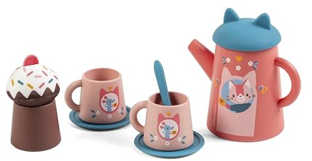 LILLIPUTIENS, Jeanne, Set de Thé pour Le Bain, Dînette 9 Pièces Dès 18 Mois | Jeu d'Imitation et de Transvasement, Théière Rose en Silicone à Oreilles de Chat, 2 Tasses, 2 Assiettes et Muffin en Tissu