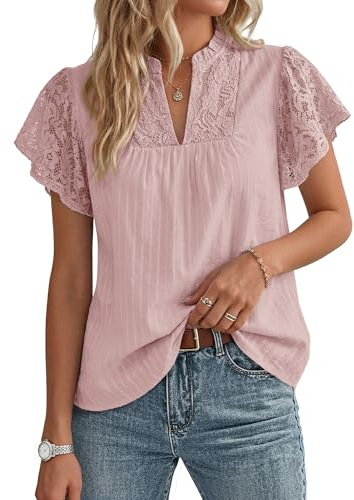 Women's Lace Cotton Elegant Top Henley V Neck Ruffled Sleeve Blouse Ladies Summer Casual Going Out Tops Dark Pink L
