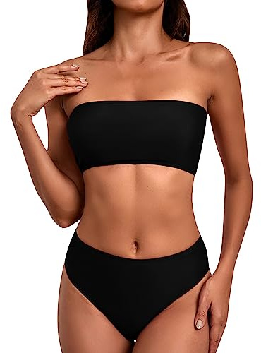Maillot de Bain Femme 2 Pieces Bandeau Vintage Couleur Unie Bikini Set Taille Haute Shorty Sexy Push Up Rembourré Été Swimwear
