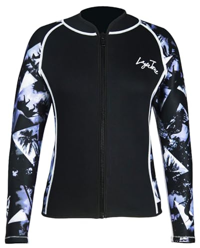 Women's 2mm Neoprene Wetsuit Top - Zip Front Diving Shirt for Snorkeling, Surfing, Paddle Board, Yoga - Rash Guard with Colorful Print Pattern - Ideal Gift for Active Women blue-M
