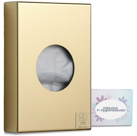 Schönbeck Design Hygienebeutelspender aus Edelstahl - Spender in Goldoptik, kompakter Spender für Hygienebeutel für Damenbinden und Tampons, hergestellt in Deutschland