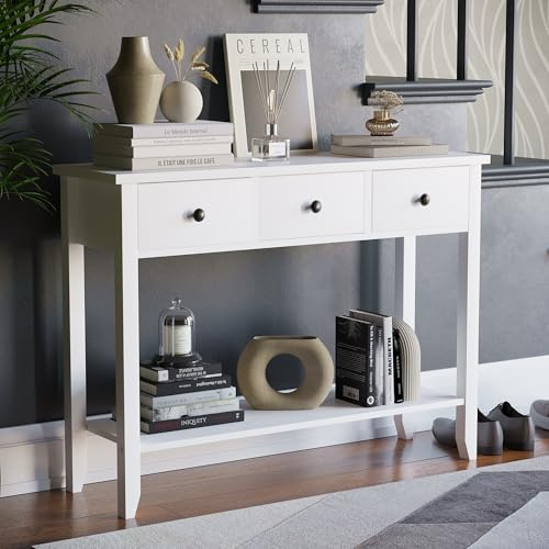 Mesa Consola de 2 cajones con estantería Home Discount Windsor Mesa Consola de 3 cajones 74 x 100 x 30 cm Blanco