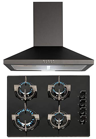 SIA 60cm Black 4 Burner Gas On Glass Hob & Chimney Cooker Hood Extractor Fan