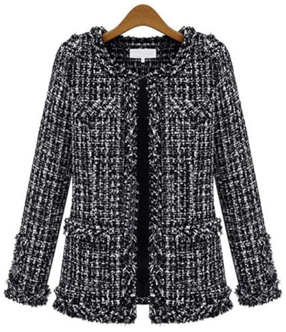 ebossy Women's Elegant Open Front Round Neck Fringed Plaid Tweed Jacket, Black, Large