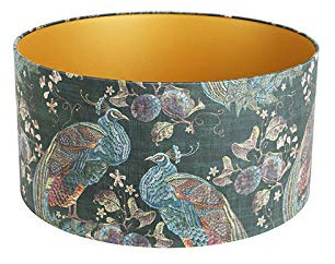 QAZQA Klassisch I Antik Textil Velours-Lampenschirm pfauengrün 50I50I25 innen Gold I Messingen, Zylinder Geeignet für Stehlampe