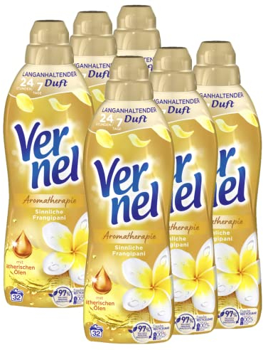 Vernel Aromatherapie Sinnliche Frangipani Weichspüler, 192 (6 x 32) Waschladungen, langanhaltender Wäscheduft mit ätherischen Ölen für 24/7 Frische, recycelbare Flasche