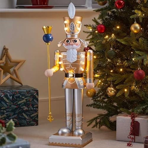 Marco Paul 80cm LED Nutcracker Christmas Decoration - Battery Operated Light Up Large Nutcracker Soldier - Freestanding Pre-Lit Metal Gold Christmas Decorations for Xmas Decor