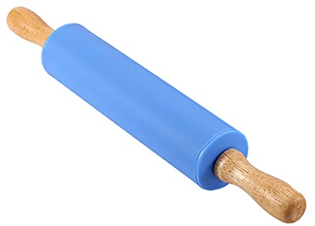 Rouleau à pâtisserie en silicone pour enfants, petit rouleau à pâtisserie en silicone anti-adhésif pour pizzas, biscuits avec poignée en bois et surface antiadhésive (bleu, 30,5 cm)
