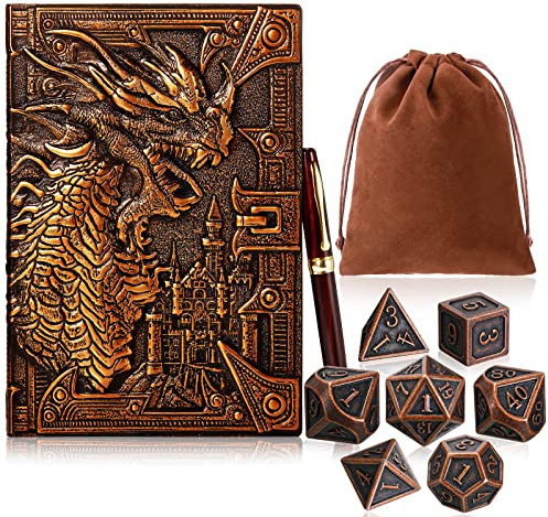 Outus 10 Pieces Antique Copper Gift Set Include 1 Dragon Journal Notebook Embossed Leather Journal 1 Wooden Pen 7 Metal Dice 1 Drawstring Dice Bag for Writing Women Men Table Games (Red Bronze)