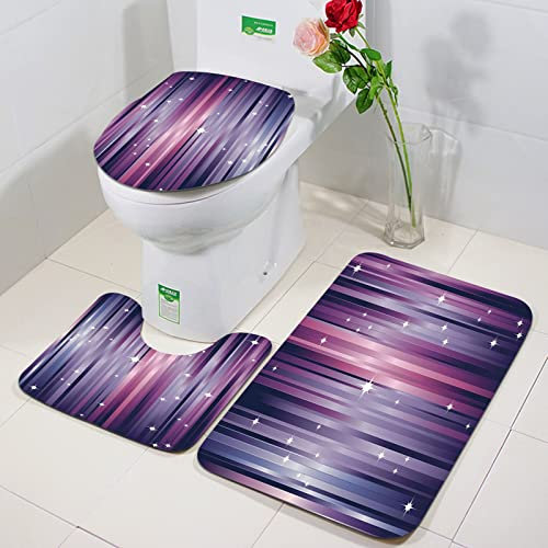 Rutschfeste Badematten 3 teiliges Set,Aubergine, abstrakte bunte Strahlen Hintergrund mit weißen Sternen Raum ins,Hohe Wasseraufnahme, weiche Mikrofaser, WC-Vorleger, WC-Sockelmatte, maschinenwaschbar
