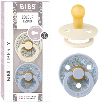 BIBS Liberty Pacifier | 2 Colour Natural Rubber Latex Soothers | BPA Free Dummy Pacifier | Round Nipple | Designed & Made in Denmark | Eloise Dusty Blue