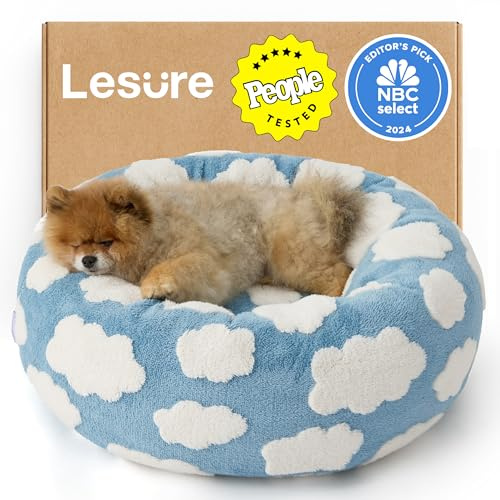 LE SURE Shown on TV Donut Dog Beds for Small Dogs - Calming Cat Sofa as Bed Gift for Indoor Cats with Washable Cover, Round Home Decor Cute Pet Beds with Jacquard Shaggy Plush, 23 Inch, Blue