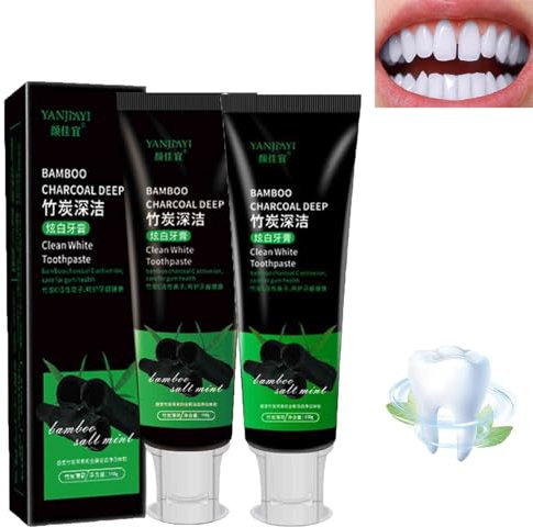 Bamboo Charcoal Whitening Toothpaste, Activated Charcoal Whitening Toothpaste, Removes Tooth Stains and Freshens Breath, Eliminates Bad Breath, Relieves Gum Swelling and Pain (2PC)