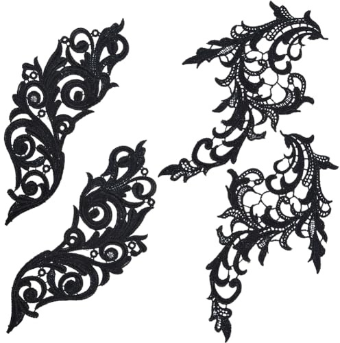 GORGECRAFT 4pz 2 stili Foglie Ricamate Appliques Tessuto di Pizzo Foglia Nera Fiore Toppe Da Cucire Fai Da Te Abito Da Sposa Colletto Scollatura Finiture Applique per Cappello Borsa Jeans Cuscino