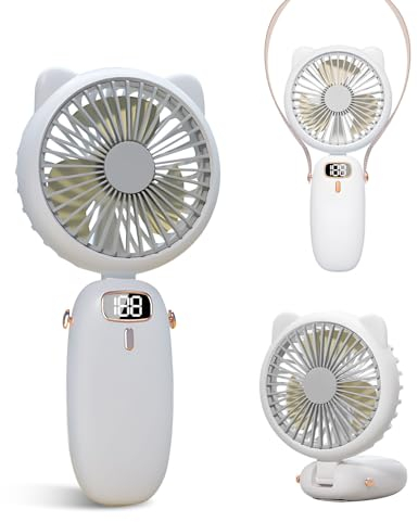 Mini Ventilateur à Main Portable, Petit Ventilateur Rechargeable USB, 4 Vitesses Ventilateur Portable avec Affichage LED, Ventilateur Pliable et Silencieux pour Extérieure, Bureau, Voyage (Blanc)