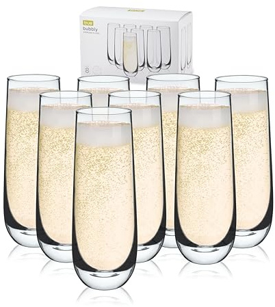 True Stemless Champagne Flutes, Crystal Clear Sparkling Wine Glasses for Prosecco, Sparkling Cocktails, Mocktails, Elegant Glassware for Wedding Gifts, Dinner Parties, 9 oz, Set of 8