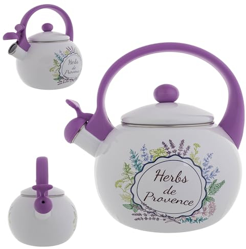 KADAX Bollitore in Acciaio Inox da 2,2 L, Smaltato Con Manico, Retrò per Tutti i Piani Cottura, per Tè, a Fischio, a Pipa (Bianco-Viola)